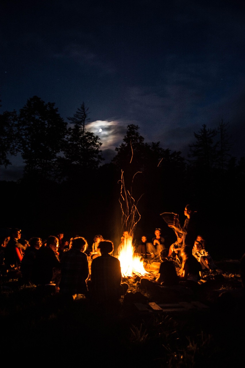 bonfire, people, night, group, community, fire, forest, outdoors, moon, silhouette, nature, dark